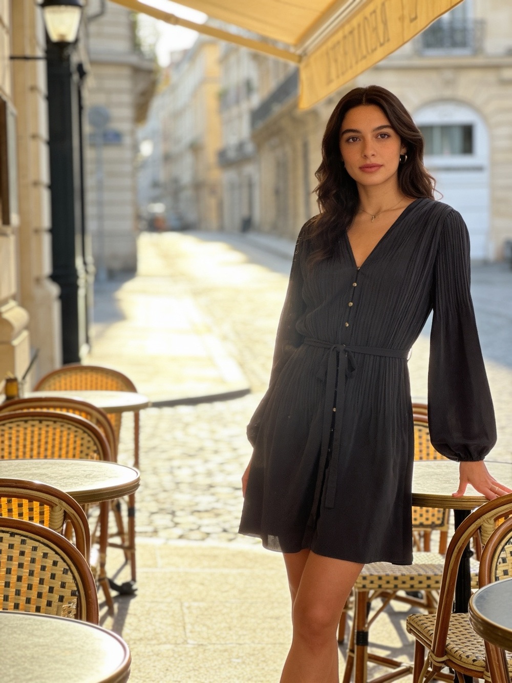 Maje Black Pleated V-Neck Mini Dress size 40